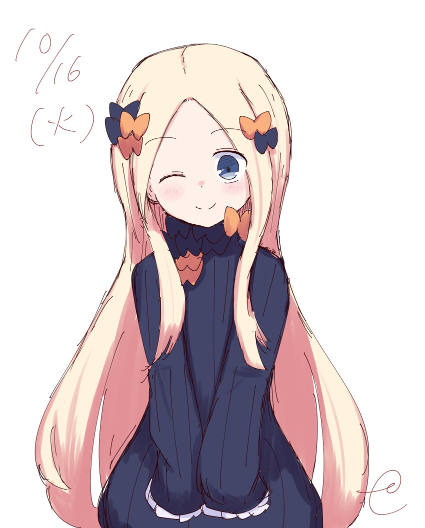 ;) abigail_williams_(fate/grand_order) bangs black_bow black_dress blonde_hair blue_eyes blush bow closed_mouth commentary_request dated dress fate/grand_order fate_(series) hair_bow head_tilt highres kujou_karasuma long_hair long_sleeves no_hat no_headwear one_eye_closed orange_bow parted_bangs polka_dot polka_dot_bow signature simple_background sleeves_past_fingers sleeves_past_wrists smile solo upper_body v_arms very_long_hair white_background