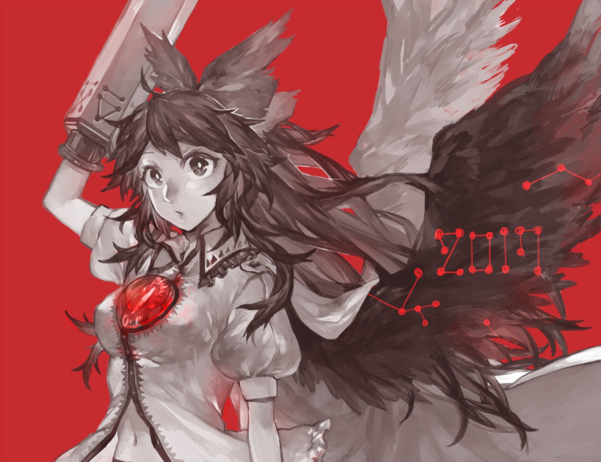 2017 ahoge arm_cannon arm_up bangs bird_wings blouse blush bow breasts cape hair_bow highres long_hair looking_at_viewer medium_breasts monochrome navel parted_lips puffy_short_sleeves puffy_sleeves red_background reiuji_utsuho shidaccc short_sleeves simple_background solo spot_color third_eye touhou upper_body very_long_hair weapon white_pupils wings