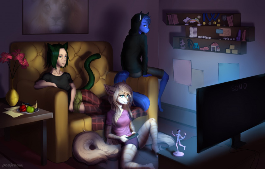 2017 animal_humanoid anthro blue_eyes breasts canine cat_humanoid clothed clothing detailed_background digital_media_(artwork) dog feline female green_hair group hair humanoid inside male mammal poof-poof poofroom sitting smile television