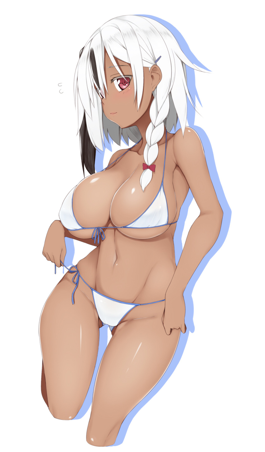 absol ass_visible_through_thighs bare_shoulders bikini black_hair blush braid breasts commentary_request dark_skin groin hair_behind_ear hair_ornament hairclip highres large_breasts looking_at_viewer natsuki_straight navel personification pokemon red_eyes short_hair_with_long_locks side-tie_bikini side_braid single_braid smile solo standing swimsuit white_hair