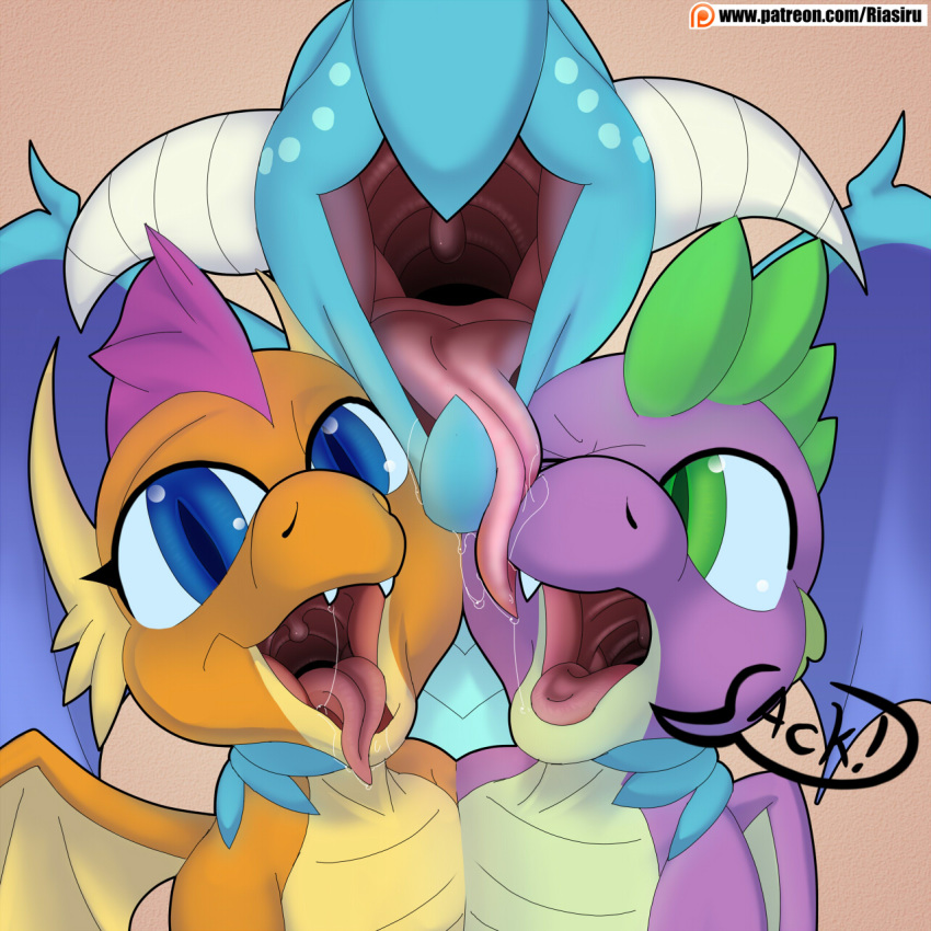 2018 ambiguous_gender blue_eyes dragon ember_(mlp) female female/ambiguous friendship_is_magic green_eyes group hi_res horn looking_at_viewer male male/ambiguous mouth_shot my_little_pony one_eye_closed open_mouth rna scalie simple_background smolder_(mlp) spike_(mlp) text tongue tongue_out wings