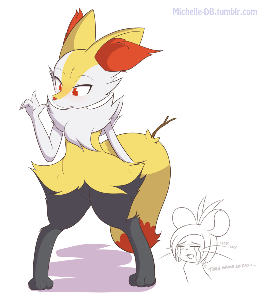 2018 ambiguous_gender anthro black_fur blush braixen canine crying dashboom dipstick_tail english_text eyewear fur glasses hi_res mammal michelle_(dashboom) multicolored_fur multicolored_tail nintendo pok&eacute;mon pok&eacute;mon_(species) red_fur simple_background solo stick tears text url video_games white_background yellow_fur