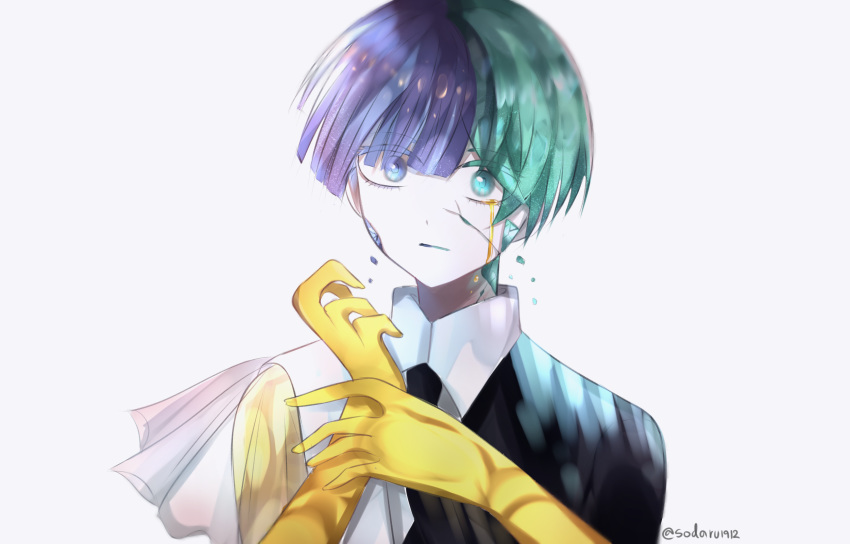 androgynous bangs blue_eyes blue_hair blunt_bangs colored_eyelashes crack cracked crying crying_with_eyes_open crystal_hair eyebrows_visible_through_hair eyes_visible_through_hair gem gem_uniform_(houseki_no_kuni) golden_arms green_eyes green_hair heterochromia highres houseki_no_kuni multicolored_hair necktie phosphophyllite phosphophyllite_(ll) see-through short_hair sodaru1912 solo split_theme spoilers tears transformation upper_body white_skin