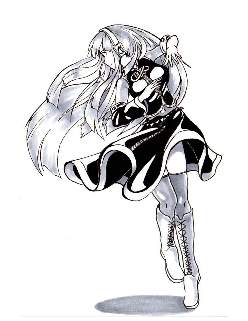 boots detached_sleeves headphones highres ink_(medium) knee_boots long_hair megurine_luka monochrome pompmaker1 shiny shiny_clothes solo traditional_media vocaloid