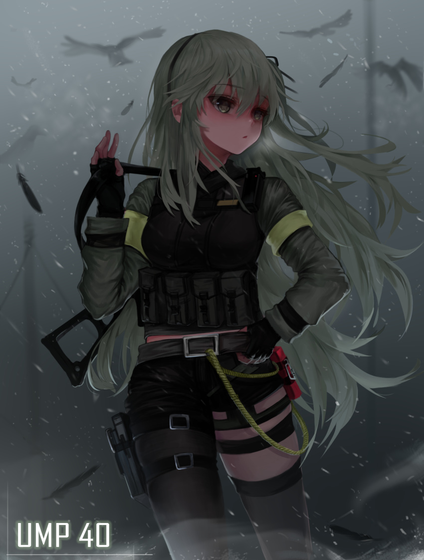 asymmetrical_legwear bangs belly_peek belt belt_buckle bird black_gloves black_hairband black_legwear black_ribbon black_shorts blurry blurry_background blush breasts breath buckle bulletproof_vest character_name commentary cowboy_shot depth_of_field dokomon eyebrows_visible_through_hair feathers fingerless_gloves girls_frontline gloves green_eyes green_hair gun h&amp;k_ump hair_between_eyes hair_ribbon hairband hand_on_belt hand_up heckler_&amp;_koch highres holding holding_gun holding_weapon holster korean_commentary layered_sleeves long_hair long_sleeves looking_away looking_to_the_side medium_breasts one_side_up outdoors parted_lips pouch ribbon rope short_shorts shorts snowing solo star star-shaped_pupils submachine_gun symbol-shaped_pupils thigh_strap thighhighs ump40_(girls_frontline) very_long_hair weapon winter