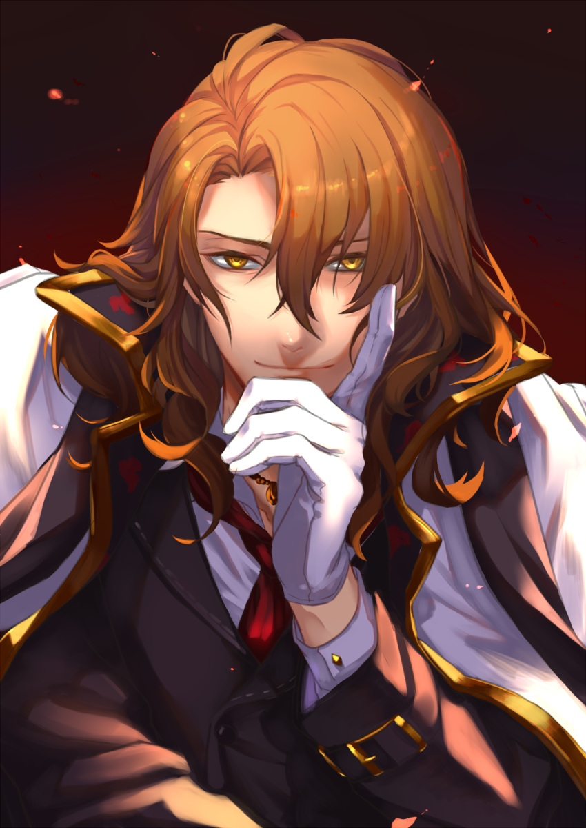 black_jacket brown_hair cape character_request gloves granblue_fantasy hair_between_eyes highres index_finger_raised jacket jewelry long_hair looking_at_viewer male_focus necklace red_neckwear sasaki_tamao shirt siegfried_(granblue_fantasy) smile solo white_cape white_gloves white_shirt yellow_eyes