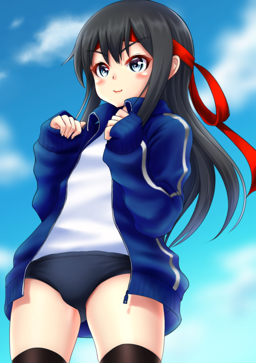 absurdres asashio_(kantai_collection) ass ass_visible_through_thighs black_hair black_legwear blue_buruma blue_eyes breasts brown_eyes brown_hair buruma commentary_request day eyebrows_visible_through_hair gym_shirt gym_uniform headband highres jacket kantai_collection long_hair long_sleeves looking_at_viewer makura_(user_jpmm5733) open_clothes open_jacket outdoors shirt small_breasts solo thighhighs track_jacket track_suit white_shirt