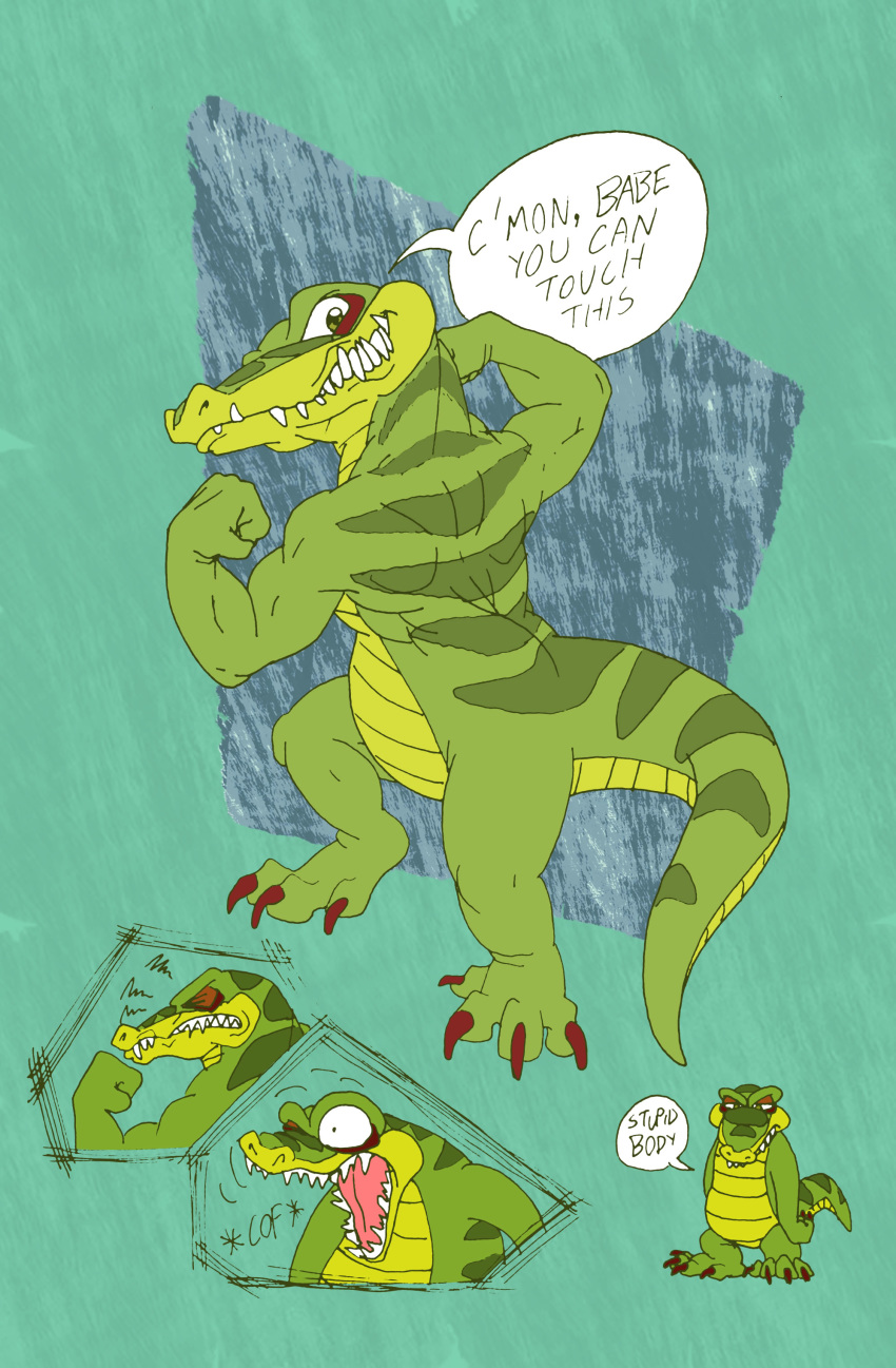 alligator anthro crocodile crocodilian dialogue diddy_kong_racing donkey_kong_(series) english_text flexing hi_res kremling kritter krunch male nintendo open_mouth reptile scalie sharp_teeth shesamonkey speech_bubble teeth text video_games