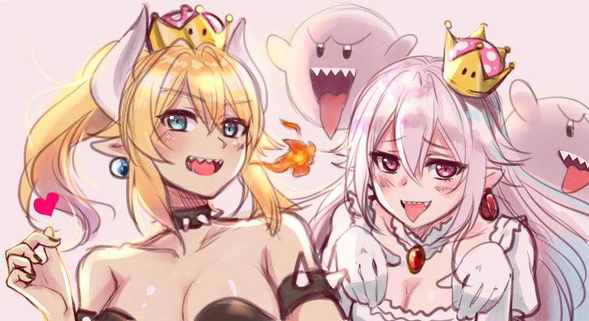 :d absurdres black_nails blonde_hair blue_eyes boo bowsette breasts choker cleavage crown dress earrings elbow_gloves eyebrows_visible_through_hair fire floating_hair gloves gou_d hair_between_eyes heart highres horns huge_filesize jewelry large_breasts long_hair looking_at_viewer mario_(series) medium_breasts mini_crown multiple_girls nail_polish new_super_mario_bros._u_deluxe open_mouth pointy_ears ponytail princess_king_boo red_eyes short_sleeves sidelocks silver_hair smile strapless super_crown tongue tongue_out upper_body very_long_hair white_dress white_gloves
