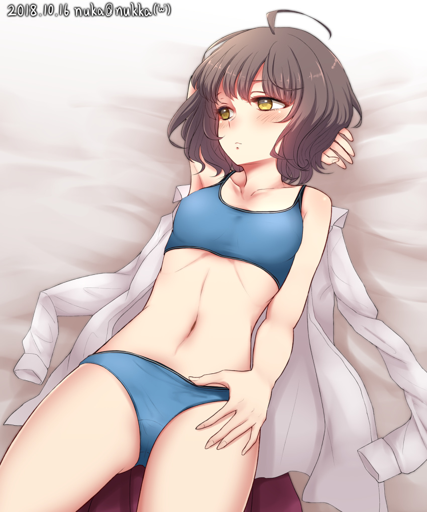 ahoge armpits ass_visible_through_thighs blue_bra blue_panties blush bra breasts brown_eyes brown_hair closed_mouth collarbone commentary_request crotch_seam eyebrows_visible_through_hair highres kantai_collection kishinami_(kantai_collection) long_sleeves looking_to_the_side lying navel nuka_(nvkka) open_clothes panties shirt short_hair small_breasts solo sports_bra underwear underwear_only wavy_hair white_shirt yellow_eyes