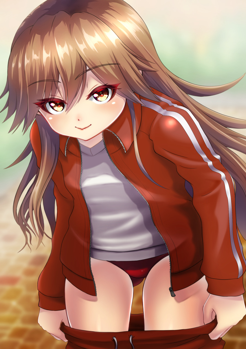 absurdres arashio_(kantai_collection) ass_visible_through_thighs breasts brown_eyes brown_hair buruma eyebrows_visible_through_hair gym_shirt gym_uniform highres jacket kantai_collection lips long_hair long_sleeves looking_at_viewer makura_(user_jpmm5733) open_clothes open_jacket outdoors pants pants_pull school_uniform shirt small_breasts solo track_jacket track_pants track_suit white_shirt yellow_eyes zipper