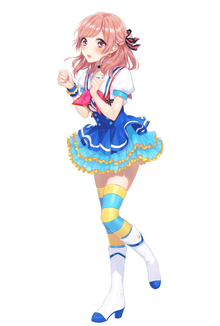 absurdres aozora_jumping_heart bangs blue_skirt blush boots bow brown_hair collar earrings floating_hair frilled_skirt frills full_body hair_ribbon highres idol jewelry knee_boots layered_skirt leg_up long_hair looking_at_viewer love_live! love_live!_sunshine!! miniskirt open_mouth original pink_eyes pleated_skirt red_bow ribbon shiny shiny_hair shirt short_sleeves simple_background skirt solo standing standing_on_one_leg striped striped_legwear striped_ribbon sudach_koppe swept_bangs thighhighs white_background white_footwear white_shirt wrist_cuffs zettai_ryouiki