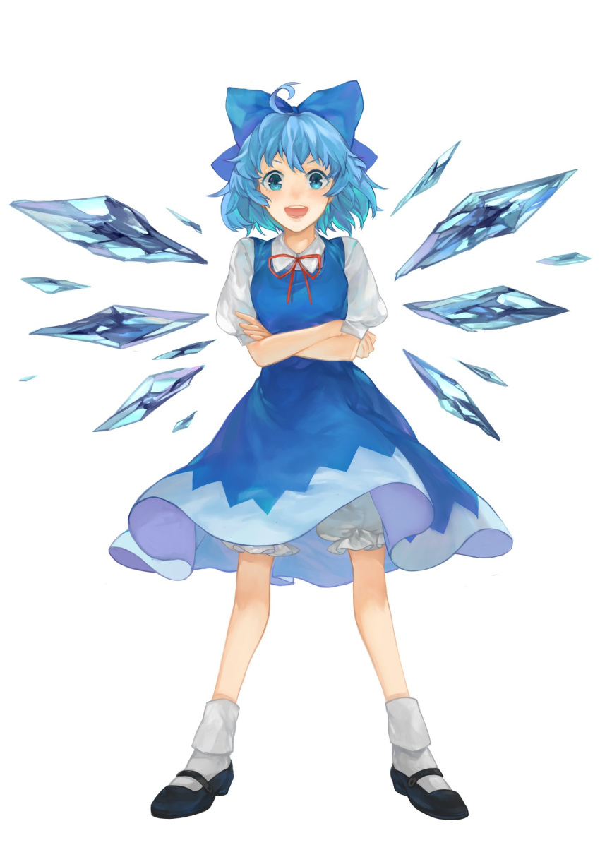 :d ahoge black_footwear bloomers blue_bow blue_dress blue_eyes blue_hair bobby_socks bow cirno collared_shirt commentary crossed_arms dress full_body hair_bow highres ice ice_wings legs_apart looking_at_viewer mary_janes neck_ribbon open_mouth puffy_short_sleeves puffy_sleeves red_ribbon ribbon shidaccc shirt shoes short_hair short_sleeves simple_background smile socks solo standing touhou underwear v-shaped_eyebrows white_background white_shirt wing_collar wings