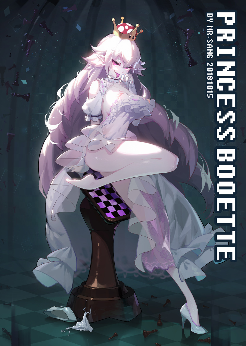 absurdres areolae artist_name breasts bridal_gauntlets character_name checkered checkered_background checkered_floor chess_piece chessboard commentary_request crazyzhuozhuo crown dress evil_smile fangs fingernails frilled_dress frills high_heels highres long_hair looking_at_viewer luigi's_mansion mario_(series) medium_breasts mini_crown nipple_slip nipples pale_skin panties panties_removed pointy_ears princess_king_boo puffy_short_sleeves puffy_sleeves purple_eyes purple_tongue sharp_fingernails shoe_removed shoes short_sleeves silver_hair single_shoe sitting smile solo super_crown super_mario_bros. teeth tongue tongue_out underwear very_long_hair white_dress white_footwear white_hair white_panties