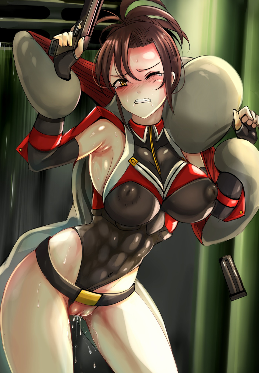 1girl asuka_(crimson_tears) belt blush breasts brown_eyes brown_hair capcom clenched_teeth commission crimson_tears female_ejaculation fingerless_gloves folded_ponytail gloves gun highres interspecies large_breasts leotard leotard_aside monster nonoririn one_eye_closed ponytail pussy pussy_juice rape restrained saliva skin_tight spike_(company) sweat tears teeth uncensored vaginal weapon