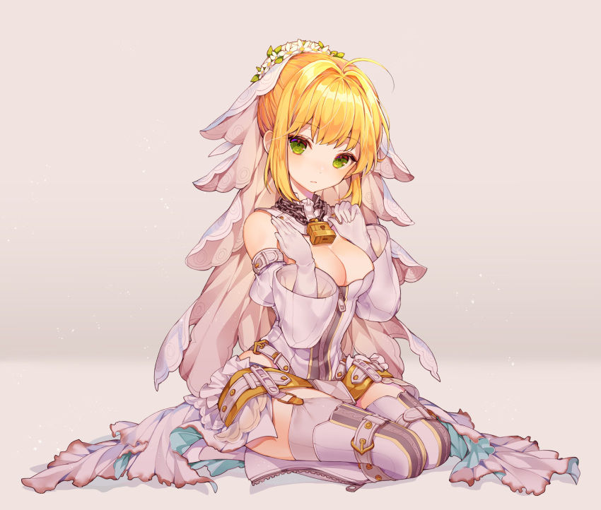absurdres ahoge belt blonde_hair blush breasts bridal_veil burnt_clothes cleavage closed_mouth elbow_gloves expressionless eyebrows_visible_through_hair fate/extra fate/extra_ccc fate/grand_order fate_(series) gloves gradient gradient_background green_eyes ha_youn highres lock looking_at_viewer medium_breasts nero_claudius_(bride)_(fate) nero_claudius_(fate)_(all) seiza short_hair sitting skirt solo veil white_gloves white_skirt zipper zipper_pull_tab