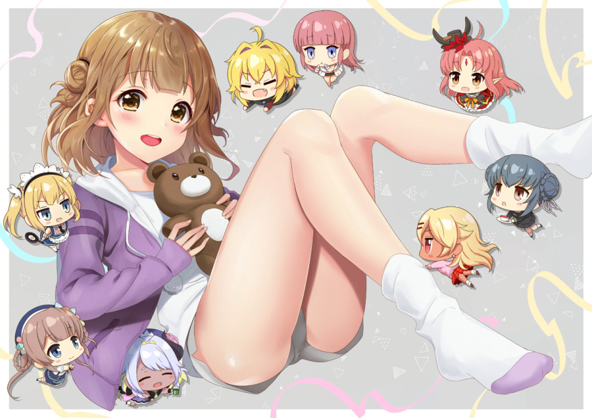:d ahoge azuki_yui blonde_hair blue_eyes blush blush_stickers brown_eyes brown_hair chibi chibi_inset closed_eyes closed_mouth collarbone cup dark_skin double_bun earrings eyebrows_visible_through_hair facing_viewer hair_bun holding holding_cup holding_plate holding_stuffed_animal hood hoodie jewelry long_hair long_sleeves looking_at_viewer maid maid_headdress medium_hair minigirl multiple_girls open_mouth original parted_lips plate pointy_ears red_eyes silver_hair smile socks stuffed_animal stuffed_toy teacup teddy_bear twintails white_legwear