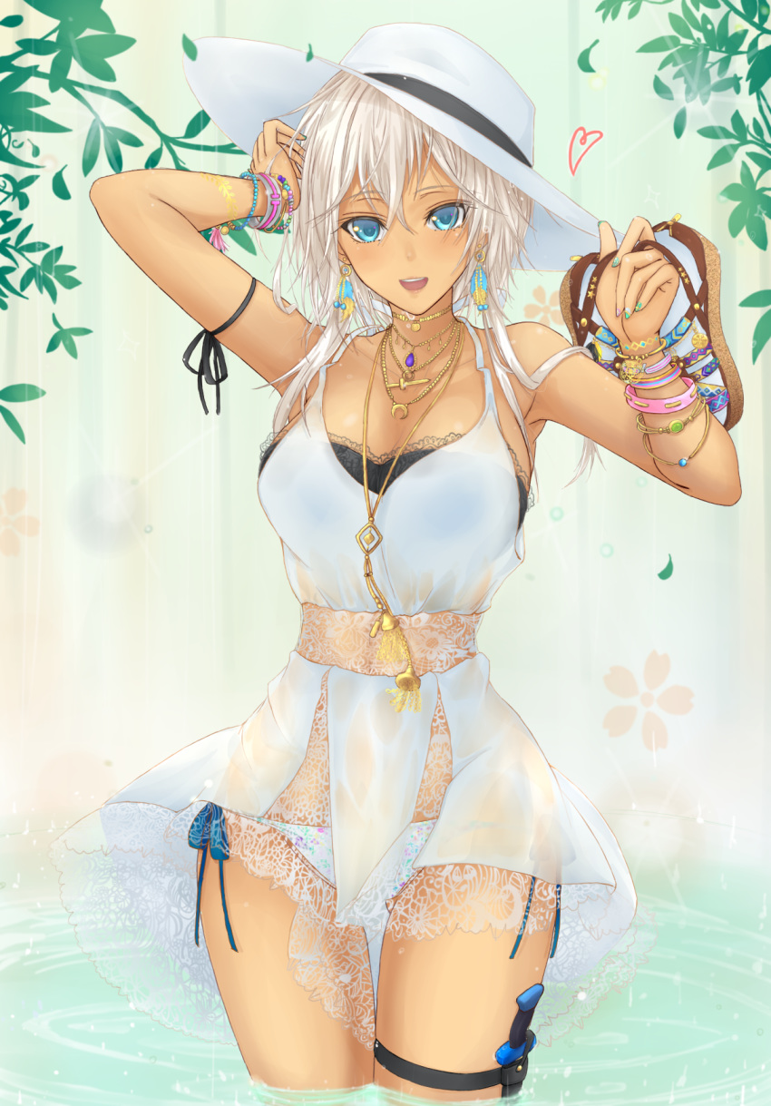 :d alternate_costume aqua_nails arm_ribbon arm_up ass_visible_through_thighs bandeau bangs bare_arms bare_shoulders bead_bracelet beads black_ribbon blue_eyes bracelet breasts cleavage collarbone commentary_request cowboy_shot dress earrings hair_between_eyes halterneck hat heart highres holding_footwear holster izayoi_sakuya jewelry knife lace_trim large_breasts leaf mickey_dunn nail_polish necklace open_mouth panties pendant ribbon sandals short_hair side-tie_panties silver_hair smile solo standing tan thigh_holster thighs touhou underwear wading water white_dress white_hat white_panties