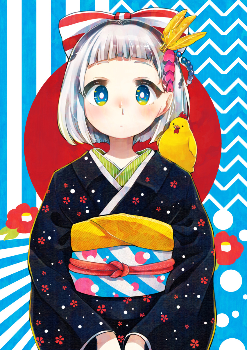 absurdres animal animal_on_shoulder aqua_eyes bangs bird black_kimono blue_background blunt_bangs bob_cut bow chick commentary_request dots feathers flower hair_bow hair_feathers hair_ornament heart heart_hair_ornament highres japanese_clothes kimono long_sleeves looking_at_viewer looking_past_viewer multicolored_sash nengajou new_year original pink_heart rainys_bill red_bow red_sun sash short_hair silver_hair solo striped striped_background striped_bow striped_sash two-tone_background two-tone_bow v_arms white_background white_bow yellow_feathers