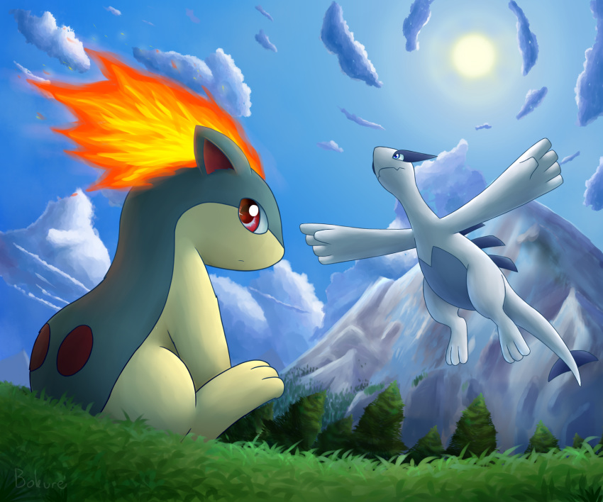 3_toes ambiguous_gender biped blue_body blue_eyes blue_fur bokurei cloud detailed_background digital_media_(artwork) duo ears_back feral fire flying frown fur grass legendary_pok&eacute;mon looking_back low-angle_view lugia mammal mountain nintendo outside pok&eacute;mon pok&eacute;mon_(species) quadruped quilava red_eyes signature sitting sky sun tan_fur toes tree video_games water waterfall white_body wings