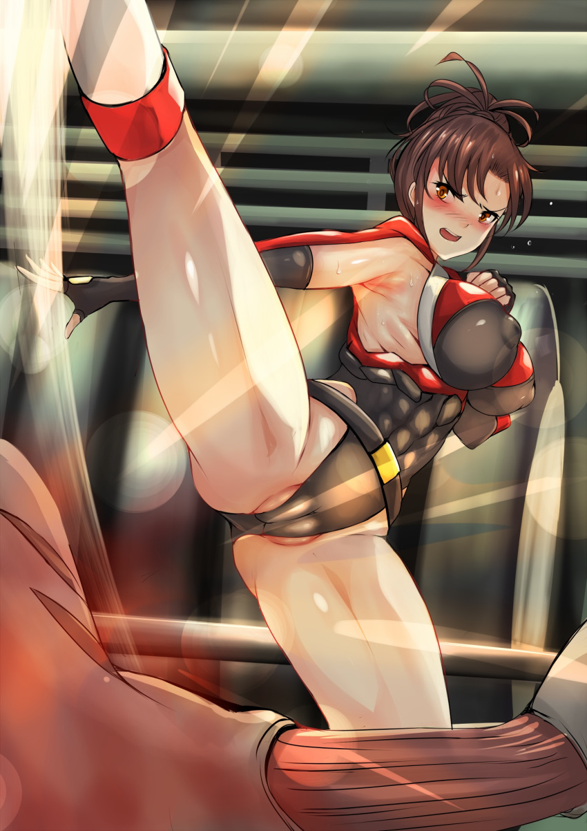 1girl asuka_(crimson_tears) belt blush boots breasts brown_eyes brown_hair cameltoe capcom commission crimson_tears fingerless_gloves folded_ponytail gloves groin high_kick highres kick kicking large_breasts leotard monster nonoririn open_mouth partially_visible_vulva ponytail skin_tight sparks spike_(company) standing standing_on_one_leg sweat