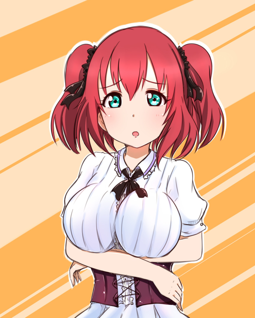 alternate_breast_size arms_under_breasts black_ribbon blouse breasts commentary_request corset green_eyes hair_ribbon highres kurosawa_ruby large_breasts love_live! love_live!_sunshine!! nono_(totokin) open_mouth red_hair ribbon short_hair solo two_side_up