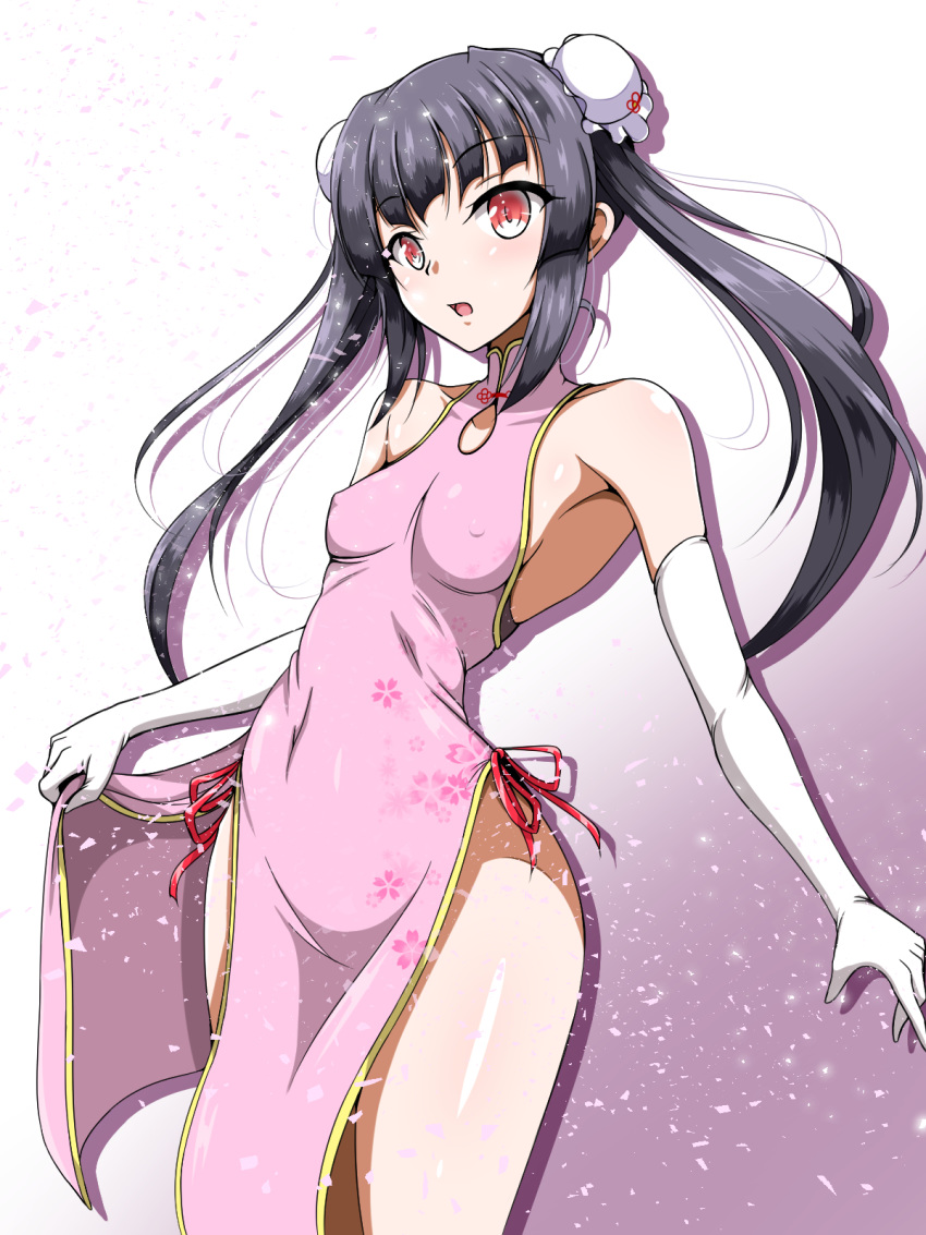 aimo_(aimo1214) black_hair blush bun_cover china_dress chinese_clothes covered_navel covered_nipples dress elbow_gloves gloves gradient gradient_background highres no_panties open_mouth pink_background red_eyes senki_zesshou_symphogear simple_background solo tsukuyomi_shirabe twintails