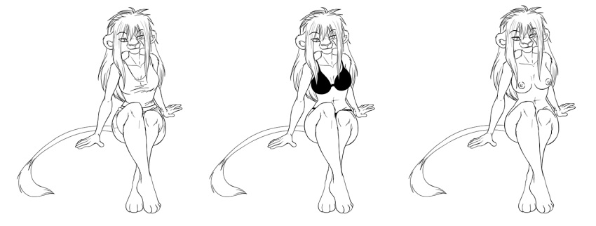 2018 anthro bra breasts cleavage clothed clothing conditional_dnp crossed_legs feline female hair lion long_hair looking_at_viewer mammal monochrome multiple_poses navel nipples nude panties pose shirt shorts simple_background sitting smile solo tail_tuft tuft underwear vilani vilani_(character)