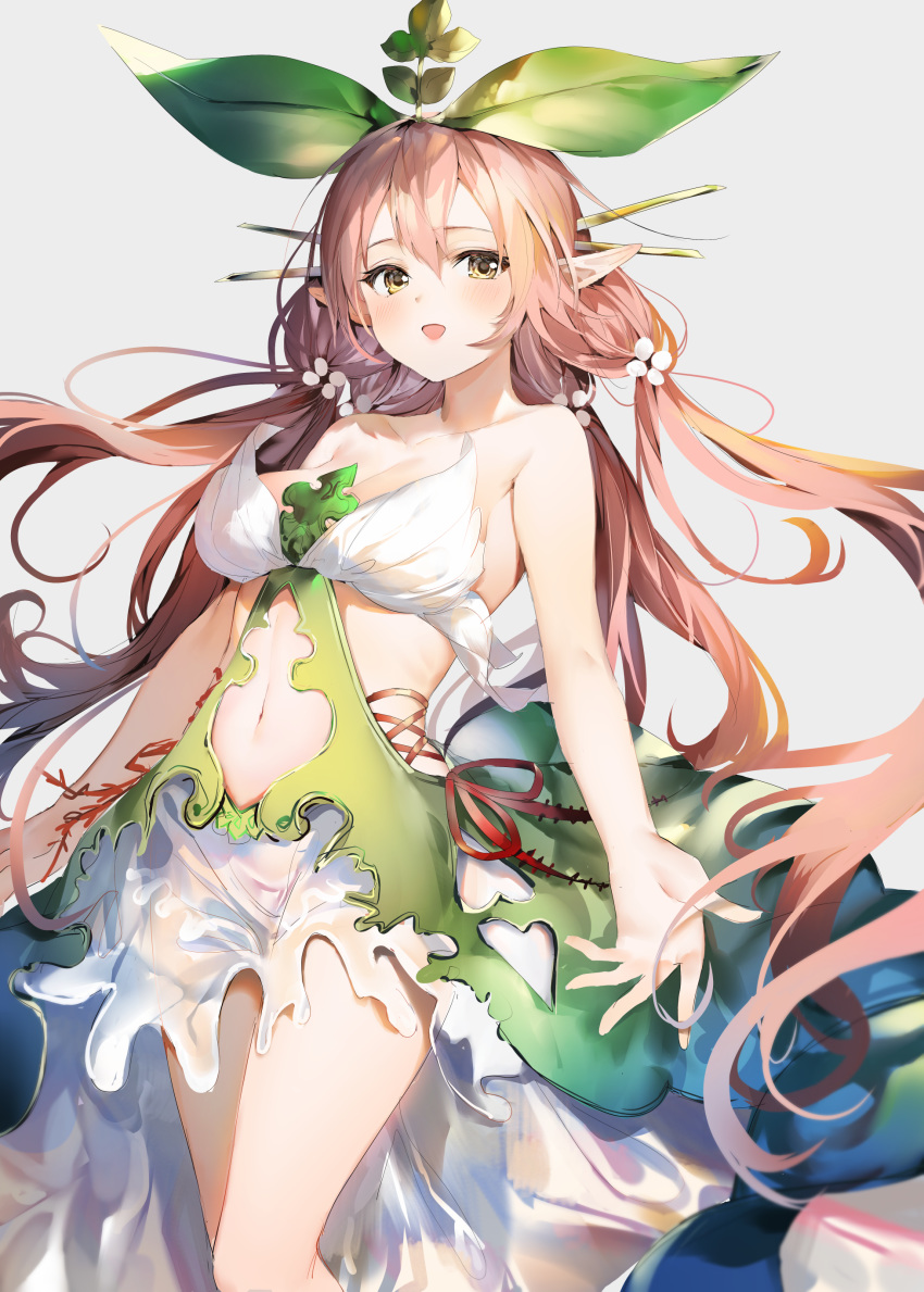 absurdres arms_at_sides bare_shoulders blush breasts cleavage collarbone commentary cowboy_shot dress flower granblue_fantasy hair_between_eyes hair_ornament highres large_breasts leaf long_dress long_hair looking_at_viewer low_twintails navel navel_cutout open_mouth pink_hair plant_girl pointy_ears see-through simple_background solo thighs twintails umibouzu_(niito) very_long_hair yggdrasil_(granblue_fantasy)