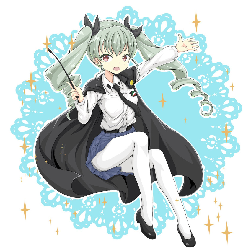 anchovy anzio_school_uniform bangs belt black_belt black_cape black_footwear black_neckwear black_ribbon black_skirt cape commentary doily dress_shirt drill_hair emblem eyebrows_visible_through_hair full_body gesture girls_und_panzer green_hair hair_ribbon highres holding invisible_chair legs long_hair long_sleeves looking_at_viewer miniskirt necktie open_mouth outline pantyhose pleated_skirt red_eyes ribbon riding_crop school_uniform shibagami shirt shoes sitting skirt smile solo spread_legs twin_drills twintails white_legwear white_shirt