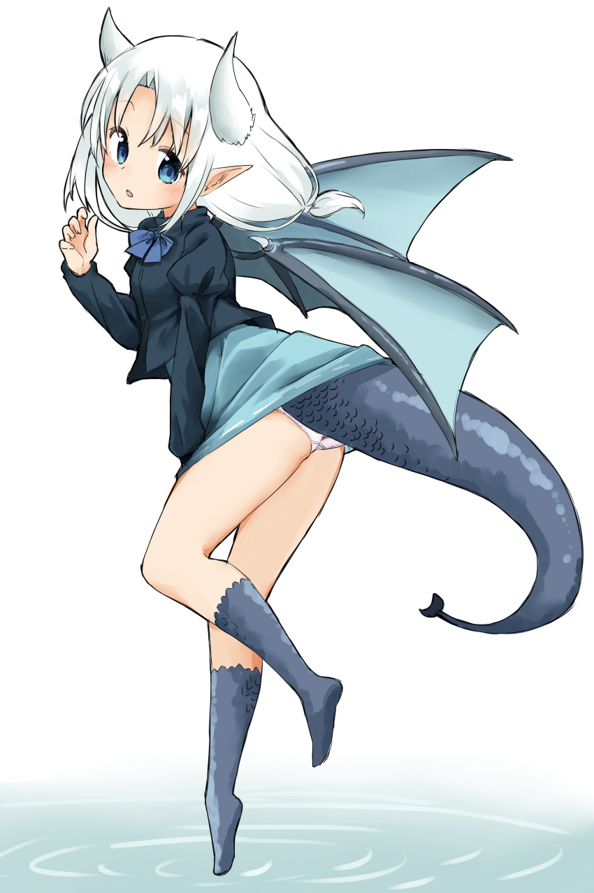 absurdres ass blue_bow blue_dress blue_jacket blue_legwear blue_wings blush bow commentary_request dragon_girl dragon_horns dragon_tail dragon_wings dress fingernails full_body hand_up head_tilt highres horns jacket juliet_sleeves kneehighs long_hair long_sleeves looking_at_viewer looking_to_the_side low-tied_long_hair no_shoes original panties pink_panties pointy_ears puffy_sleeves ripples scales sekira_ame soles solo tail underwear water white_background white_hair wings