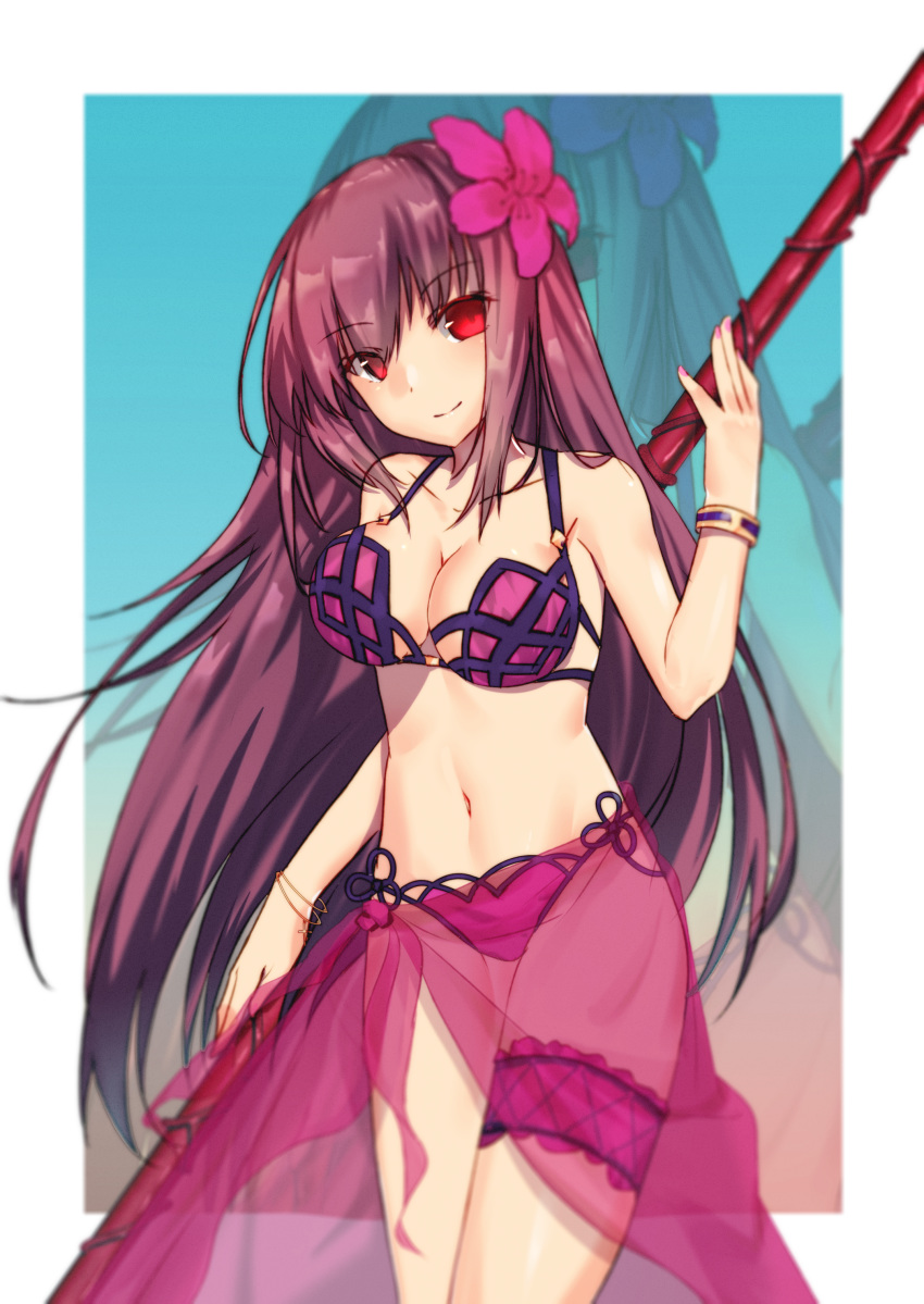 alternate_costume bikini blur bracelet breasts commentary_request fate/grand_order fate_(series) flower gae_bolg hair_flower hair_intakes hair_ornament hibiscus highres jewelry leg_garter long_hair medium_breasts mo_(pixiv9929995) navel polearm purple_bikini purple_hair purple_sarong red_eyes sarong scathach_(fate)_(all) scathach_(swimsuit_assassin)_(fate) spear swimsuit very_long_hair weapon zoom_layer