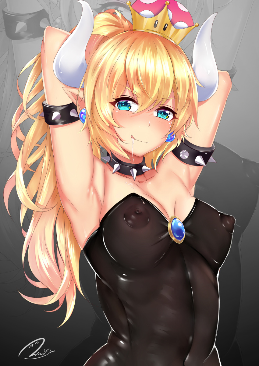 absurdres aqua_eyes armlet armpits arms_up bangs bare_shoulders black_collar black_leotard blonde_hair blue_earrings blush bowsette breasts brooch cleavage collar collarbone covered_navel covered_nipples crown dress drooling earrings eyebrows_visible_through_hair eyelashes highres horns jewelry large_breasts leotard licking_lips long_hair looking_at_viewer mario_(series) new_super_mario_bros._u_deluxe pointy_ears ponytail princess puffy_nipples saliva sidelocks signature skindentation solo spiked_armlet spiked_collar spikes standing strapless strapless_leotard super_crown tongue tongue_out xiao_dao_jun zoom_layer