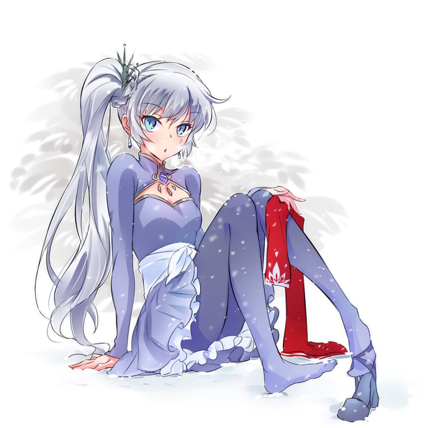 blue_eyes commentary earrings high_collar highres iesupa jewelry lace lace-trimmed_skirt long_hair long_sleeves pantyhose pendant ponytail rwby scar scar_across_eye side_ponytail skirt solo tiara weiss_schnee white_hair