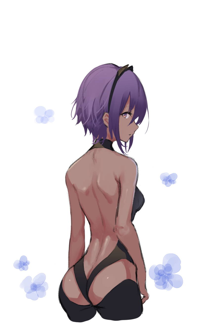 aak absurdres arms_at_sides ass backless_outfit bangs bare_back black_hairband black_leotard breasts cowboy_shot dark_skin eyebrows_visible_through_hair fate/prototype fate/prototype:_fragments_of_blue_and_silver fate_(series) hair_between_eyes hairband hassan_of_serenity_(fate) highres leotard looking_at_viewer looking_back parted_lips profile purple_eyes purple_hair simple_background small_breasts solo white_background