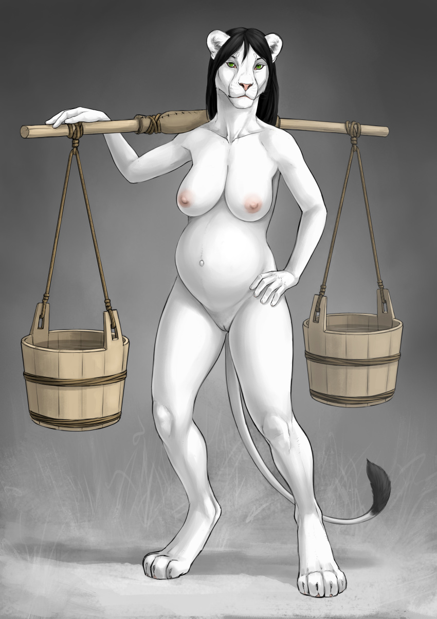 2018 absurd_res adhira_hale anisis anthro barely_visible_genitalia barely_visible_pussy black_hair breasts digital_media_(artwork) digitigrade feline female green_eyes hair hi_res lion mammal navel nipples nude pink_nose pregnant pussy simple_background solo standing white_lion