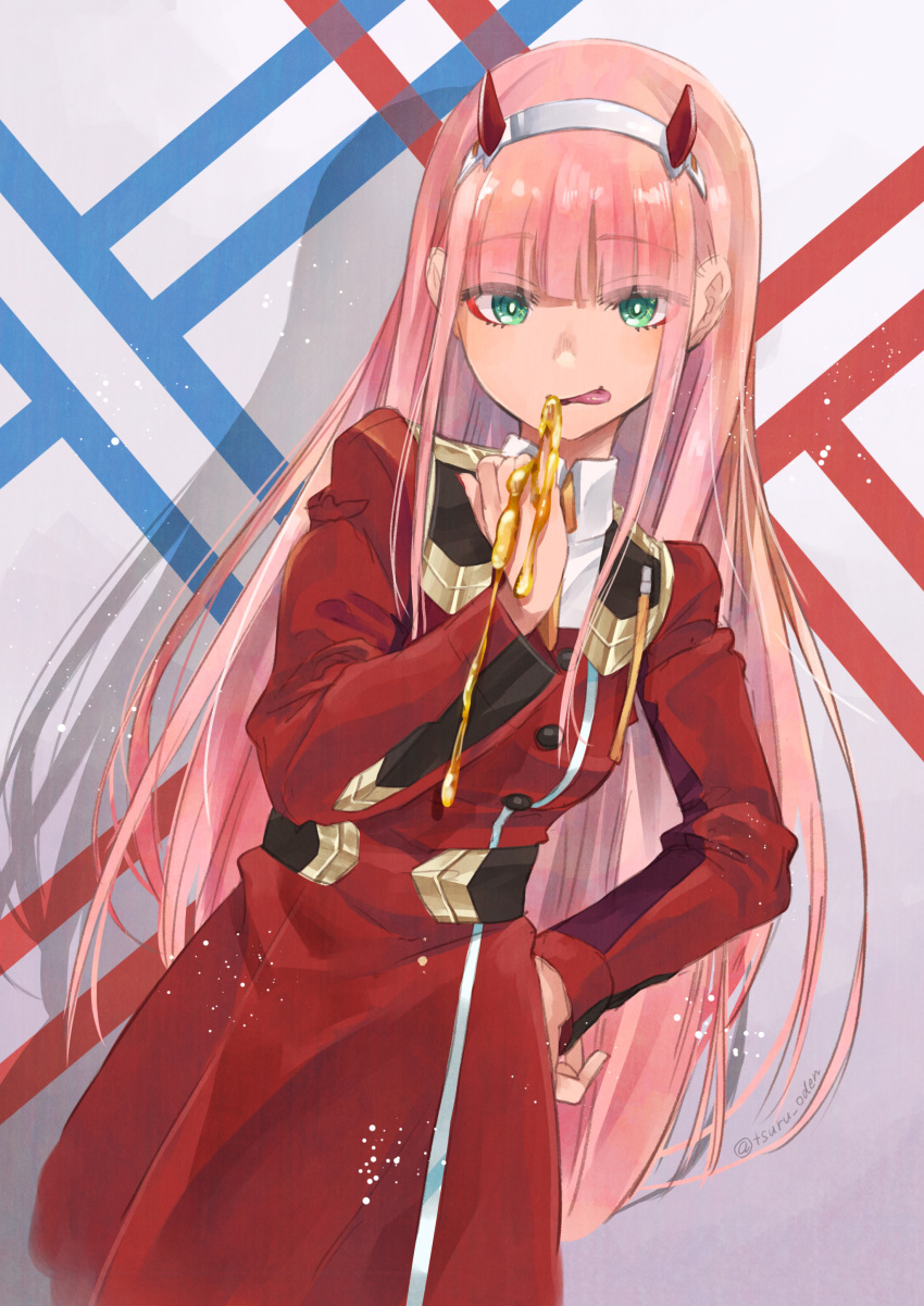 :p absurdres arm_up artist_name bangs buttons commentary_request darling_in_the_franxx dress eyebrows_visible_through_hair fingernails green_eyes hairband hand_on_hip highres long_hair nail_polish oni_horns pawoo_username pink_hair rainys_bill red_dress red_horns red_nails solo standing tongue tongue_out twitter_username very_long_hair white_hairband zero_two_(darling_in_the_franxx)