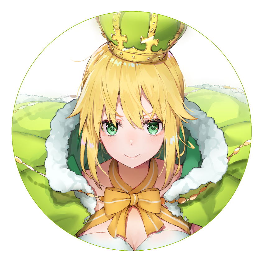artoria_pendragon_(all) artoria_pendragon_(swimsuit_archer) bangs black_cola blonde_hair bow breasts cloak closed_mouth crown eyebrows_visible_through_hair fate/grand_order fate_(series) fur-trimmed_cloak fur_trim green_cloak green_eyes hair_between_eyes heart heart-shaped_pupils highres long_hair medium_breasts sidelocks smile solo strapless strapless_swimsuit striped striped_bow swimsuit symbol-shaped_pupils white_background white_swimsuit yellow_bow