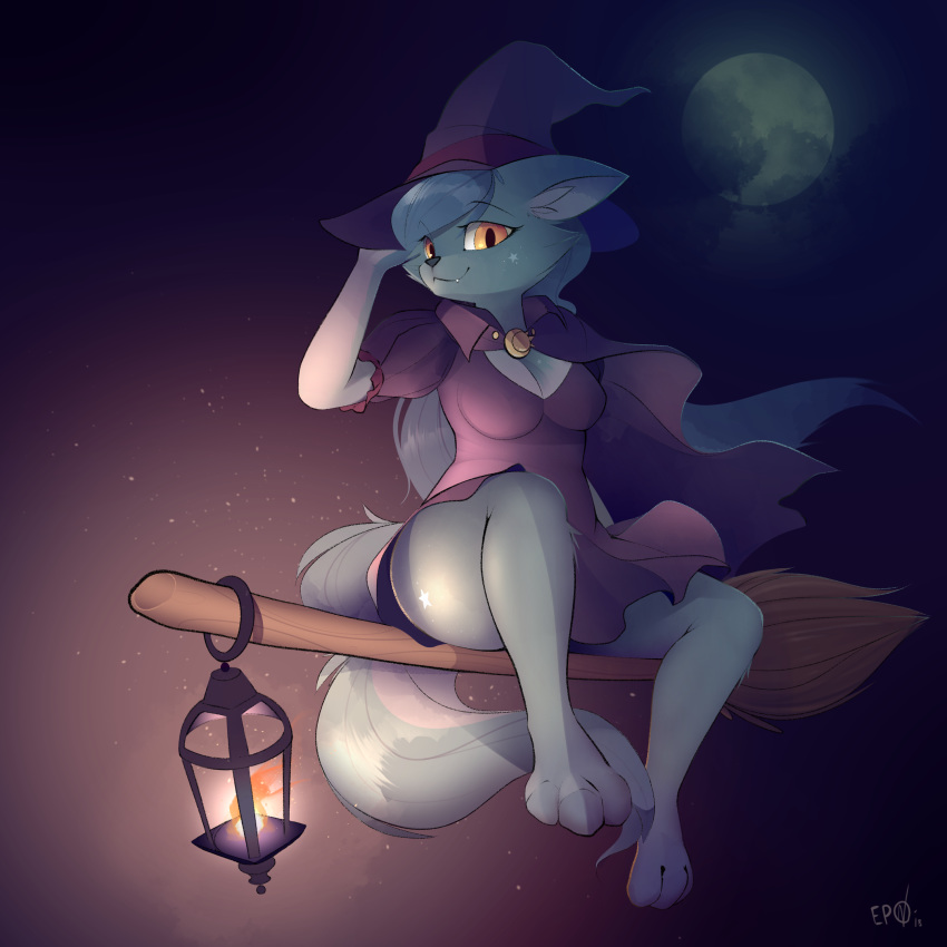 absurd_res b-epon broom ciy clothed clothing female halloween hat hi_res holidays lantern magic_user mammal oc: paws skirt solo spooky topless windy witch