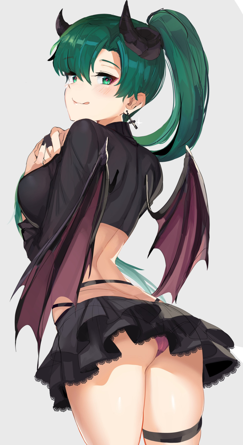 absurdres ass bangs blush breasts bridal_gauntlets commentary_request cross cross_earrings demon_girl demon_wings earrings eyebrows_visible_through_hair fire_emblem fire_emblem:_rekka_no_ken green_eyes green_hair halloween_costume highres horns jewelry lace lace-trimmed_skirt long_hair long_sleeves looking_at_viewer looking_back lyndis_(fire_emblem) medium_breasts midriff miniskirt ormille panties pink_panties ponytail shiny shiny_hair shiny_skin simple_background skirt smile solo thigh_strap tongue tongue_out underwear wings