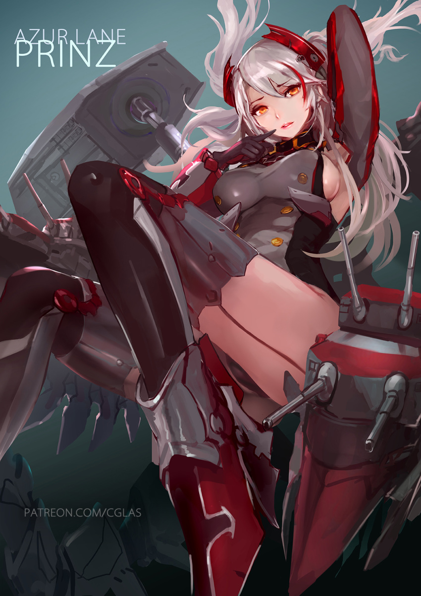 arm_up azur_lane bangs black_gloves black_legwear blue_background breasts cglas character_name copyright_name eyebrows_visible_through_hair full_body gloves hair_between_eyes highres iron_cross large_breasts long_hair looking_at_viewer mole multicolored_hair orange_eyes parted_lips prinz_eugen_(azur_lane) red_hair silver_hair solo streaked_hair thighhighs thighs two_side_up very_long_hair watermark web_address