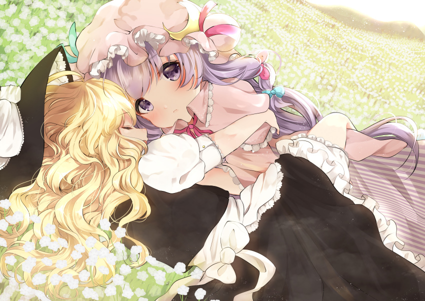 absurdres black_dress blonde_hair blue_bow blue_ribbon blush bow bright_background closed_eyes commentary_request dress eyebrows_visible_through_hair flower flower_bed hair_bow hat hat_ribbon highres hug huge_filesize kirisame_marisa long_hair looking_at_viewer lying miri_(miri0xl) multiple_girls on_side patchouli_knowledge purple_eyes purple_hair red_bow red_neckwear red_ribbon ribbon touhou very_long_hair white_bow white_flower yuri