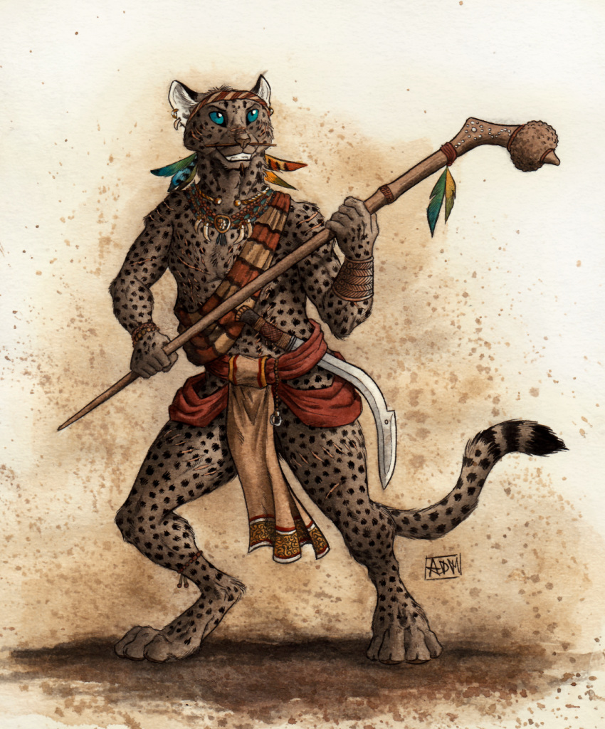 0laffson 2018 4_toes 5_fingers anthro barefoot cheetah digitigrade feline fur grey_fur holding_object mammal scar simple_background smile solo spots spotted_fur staff teeth toes traditional_media_(artwork) tribal