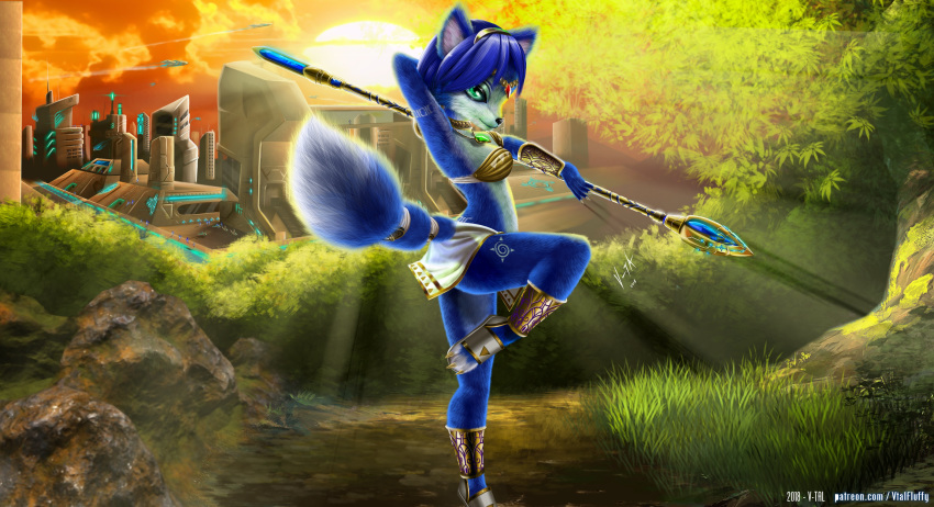 2018 absurd_res anthro black_nose blue_fur blue_hair building canine clothing cloud detailed_background dipstick_tail female footwear fox fur grass green_eyes hair hairband hi_res jewelry krystal loincloth mammal markings multicolored_tail necklace nintendo pose rock sandals short_hair signature staff star_fox sun sunlight tailband tree tribal_markings url v-tal video_games water white_fur