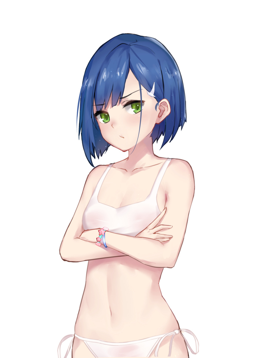 015 1girl absurdres bikini blue_hair breasts darling food fruit green_eyes hair_ornament highres ichigo_(darling_in_the_franxx) looking_at_viewer navel short_hair small_breasts solo standing strawberry swimsuit yoruciel