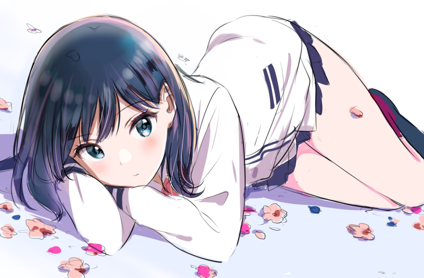 bangs black_hair black_skirt blue_eyes blush cardigan closed_mouth commentary_request eyebrows_visible_through_hair long_hair long_sleeves looking_at_viewer lying on_stomach petals pleated_skirt school_uniform simple_background sketch skirt solo ssss.gridman takarada_rikka thighs yatomi