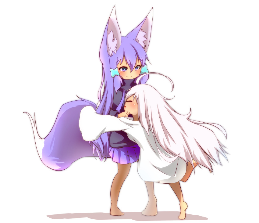 :d absurdres ahoge animal_ear_fluff bangs barefoot black_hoodie blush closed_eyes closed_mouth commentary_request drawstring eyebrows_visible_through_hair food fox_girl fox_tail hair_between_eyes hair_ornament highres hood hoodie idaten93 long_hair long_sleeves multiple_girls open_mouth original oversized_clothes oversized_shirt pleated_skirt purple_eyes purple_hair purple_skirt ruua_(idaten93) shadow shirt skirt sleeves_past_fingers sleeves_past_wrists smile standing standing_on_one_leg tail till_(idaten93) very_long_hair white_background white_hair white_shirt