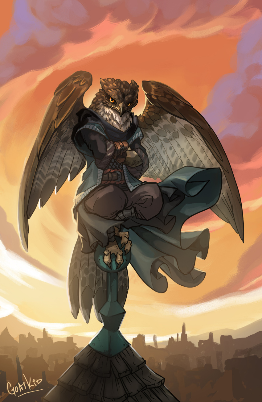 amber_eyes anthro avian bird city claws clothed clothing cloud feathers fur goatkid hawk hi_res looking_at_viewer on_roof outside perched rooftop sky solo wings
