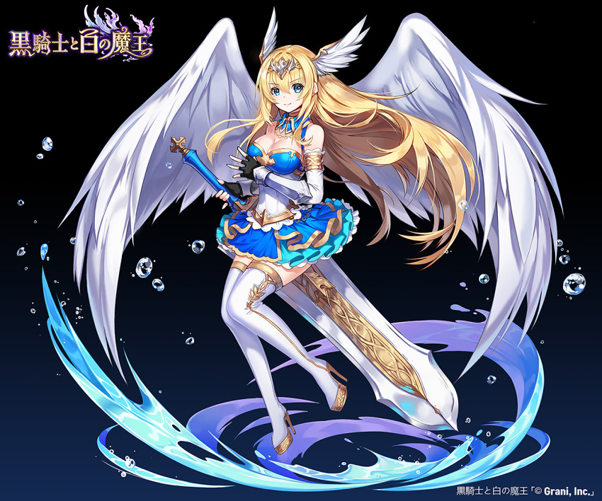 angel angel_wings apple_caramel arm_warmers blonde_hair blue_eyes blue_skirt bracer breasts circlet cleavage commentary_request company_name copyright_name detached_collar earrings fingerless_gloves frilled_skirt frills full_body gloves gradient gradient_background head_wings holding holding_sword holding_weapon jewelry kurokishi_to_shiro_no_maou long_hair looking_at_viewer magic official_art skirt smile solo stud_earrings sword thighhighs very_long_hair watermark weapon white_legwear white_wings wings