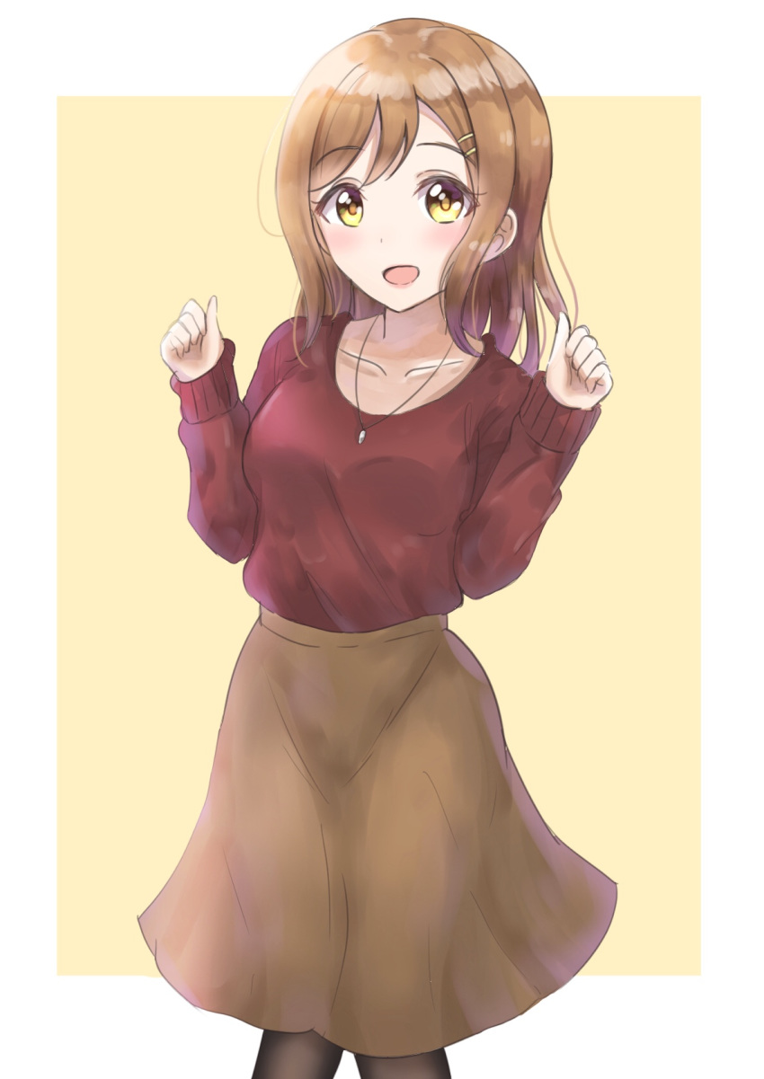 :d bangs beige_background black_legwear blush breasts brown_hair brown_skirt brown_sweater collarbone commentary_request eyebrows_visible_through_hair hair_ornament hairclip hands_up highres kunikida_hanamaru long_hair long_sleeves love_live! love_live!_sunshine!! open_mouth pantyhose sin_(sin52y) skirt sleeves_past_wrists small_breasts smile solo sweater two-tone_background white_background yellow_eyes